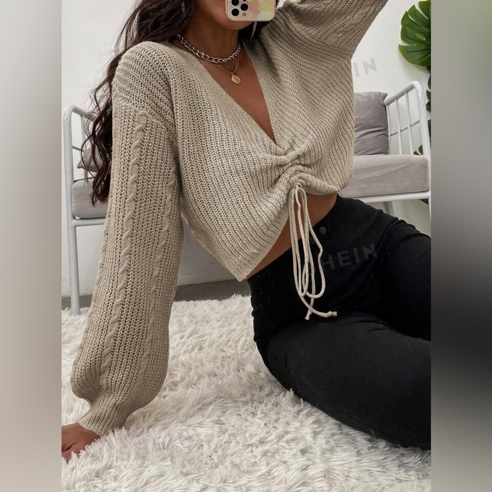 Lantern Sleeve Drawstring Sweater Cropped